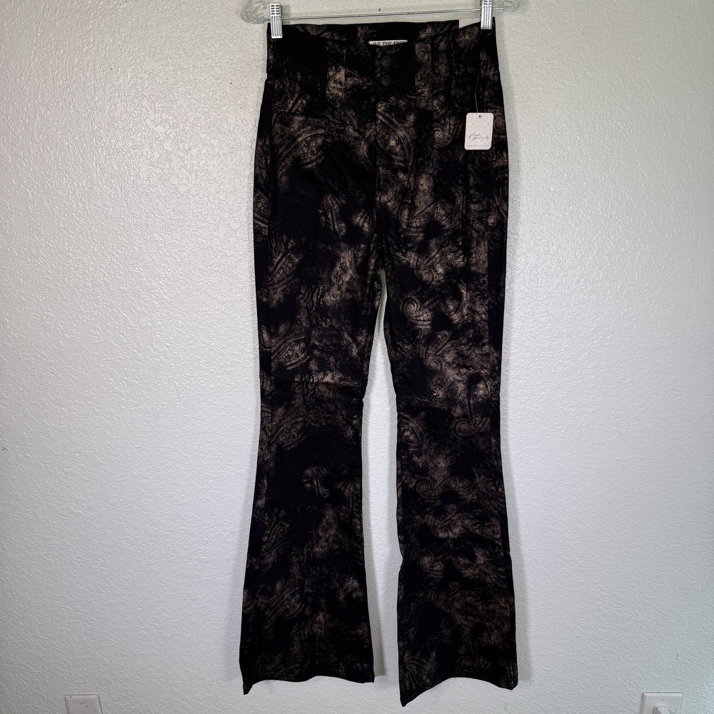 Free People Jayde Jeans Women 30 High Rise Flare Metallic Paisley Boho Black NEW